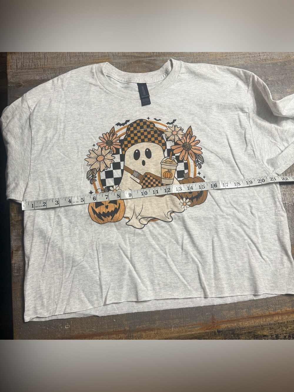 Gildan Light Gray Long Sleeve Cropped Ghost Graphic Tee with Orange Accents - Picture 6 of 7